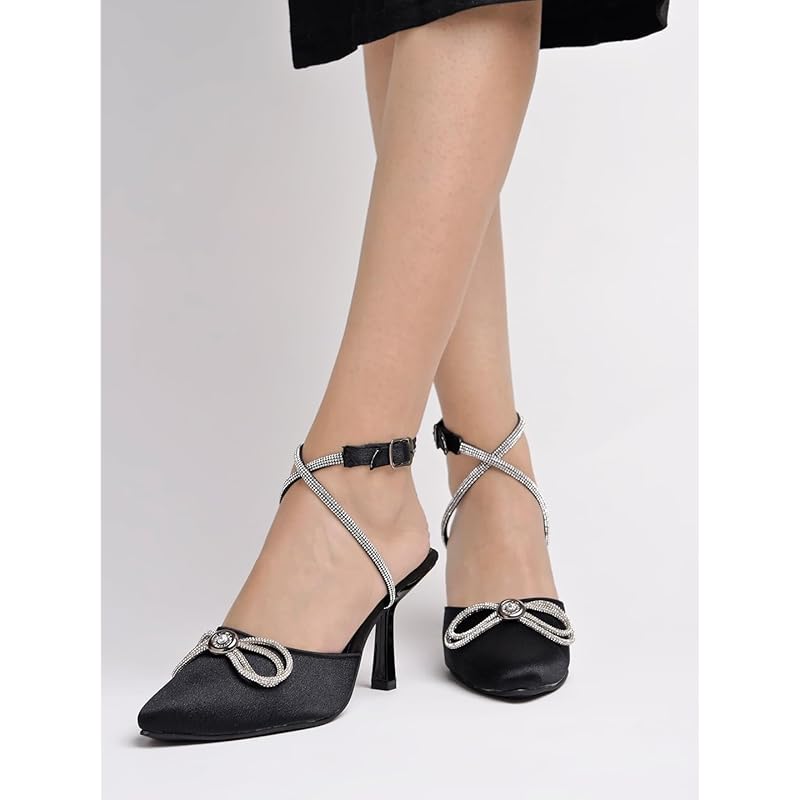 

Women S Black Satin High Heel Sandals Pointed Toe Party Heels With Rhinestone Bow & Ankle Strap Elegant Stilettos For W 3 UK чёрный