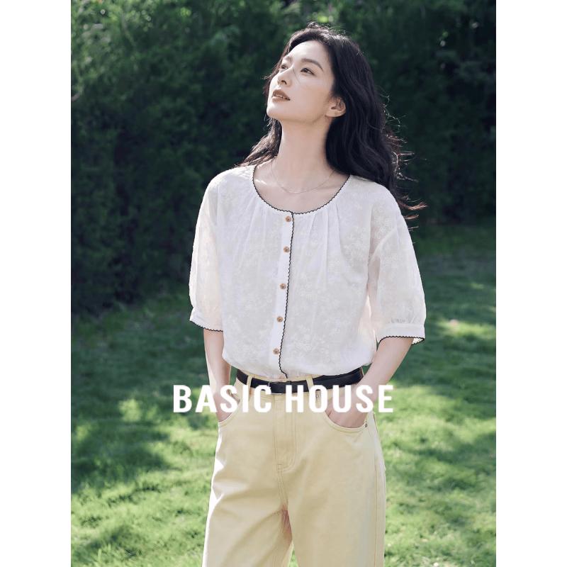 Basic House Women s Jacquard Lantern Sleeve Blouse One Size