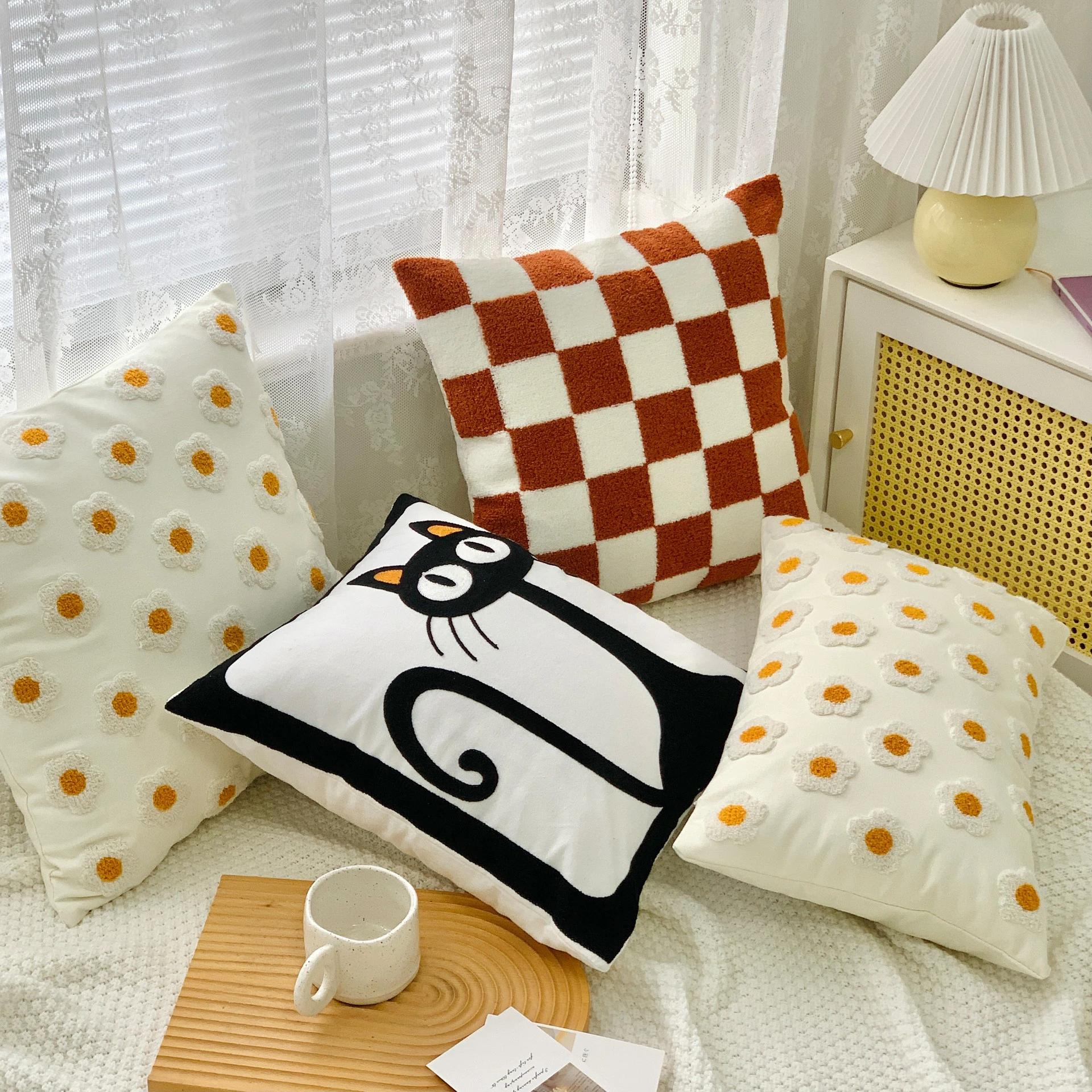 Jmg Clothing Unisex 45X45cm Nordic Checkerboard Cat Throw Pillows Cover Embroidery Cushion Cover French Pillowcase For Living Room Office Home Decor