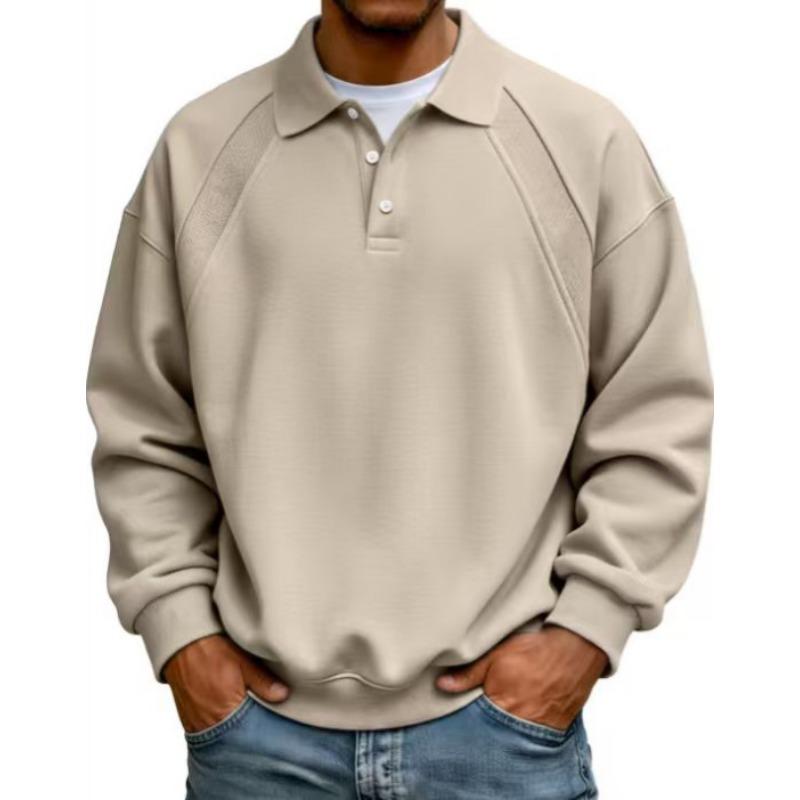 Men Raglan Sleeve Polo Sweatshirt Long Sleeve Button Placket Solid Color Loose Fit Casual Pullover