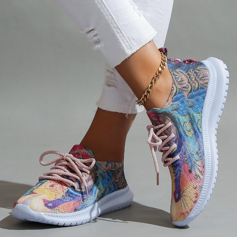 fashion Women's Peacock Pattern Mesh Knitted Sneakers Lightweight Breathable Soft Sole Running Shoes Women's Slip-On Flat Socks Shoes