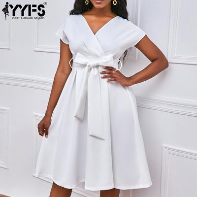 Women's Fashion Summer Spring Solid Color Print Short Sleeve V-Neck High Waist Casual Dresses