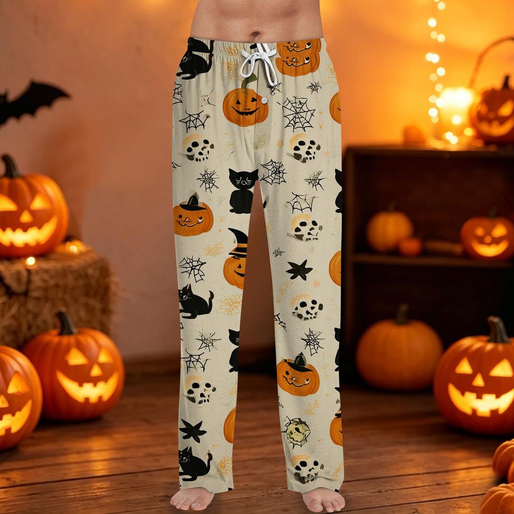 Men's Halloween Print Drawstring Pants Casual Lounge Sleepwear Bottoms with Elastic Waistband and Straight Leg Fit for Indoor and Outdoor Use