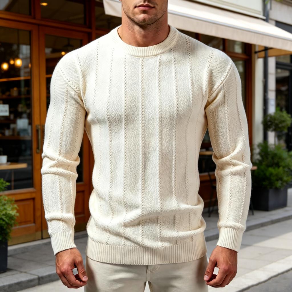 Men's Crewneck Ribbed Knit Sweater, Long Sleeve Pullover with Vertical Texture for Fall and Winter