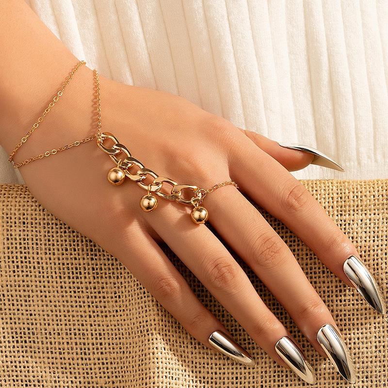 Pendant Chain Bracelet Link Connected Gold Colour Wide Finger Ring Bracelets For Women Link Hand Harness Jewelry