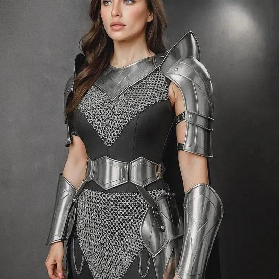 Královská dámská středověká válečnická zbroj Sada kroužkové oceli a ocelových plátů LARP Cosplay kostým pro hrdinské královny