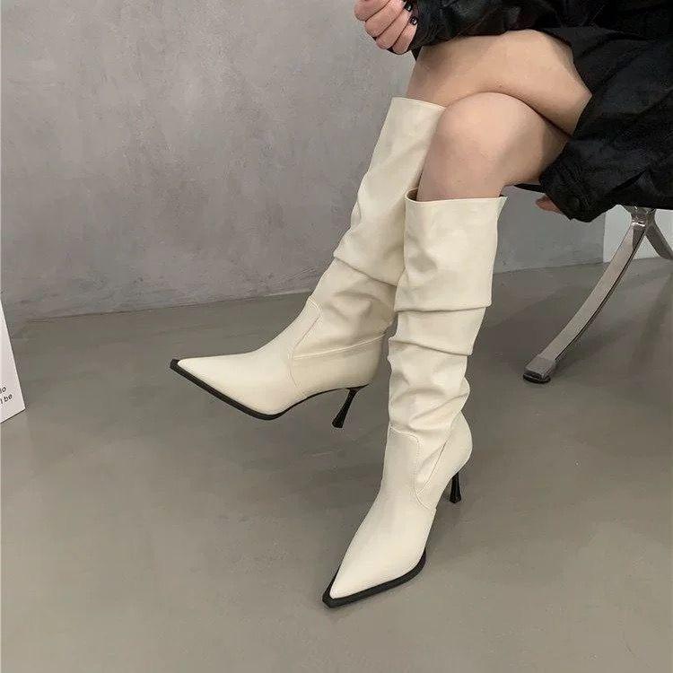 Pleated thin heel essential boots pointed pile Spice girl boots heightening knight boots show long legs