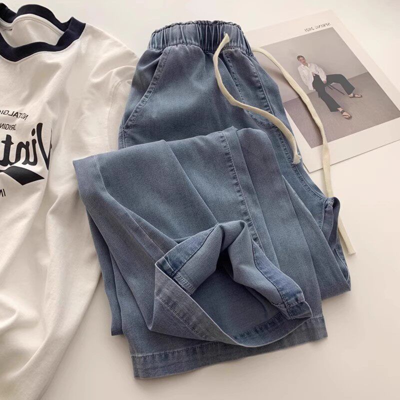 

150.00kg Plus Size Women s Clothing Drape Lyocell Jeans Women s Plus Size Ladies Summer Thin Elastic Waist Ice Silk Straight-leg Pants Blue (Regular Fabric) 5XL