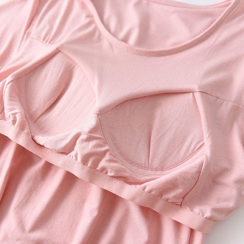 Women Casual Short Sleeve Nightgown Solid Color Pajama Dress with Bra Pad