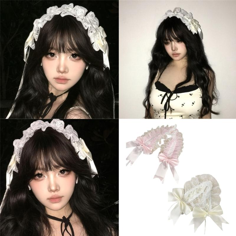 Lace Bowknot Hairhoop for Women Girl Sweet Ribbon Lace Headband Cosplay Costume Party Headdress for Anime Show