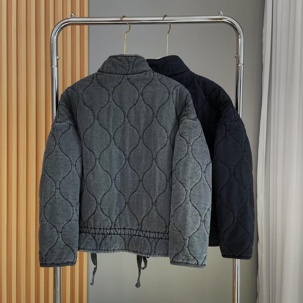 Autumn/Winter European & American Stand Collar Zipper Jacket with Large Pockets & Tie, Women's Long Sleeve Washed Cotton Coat