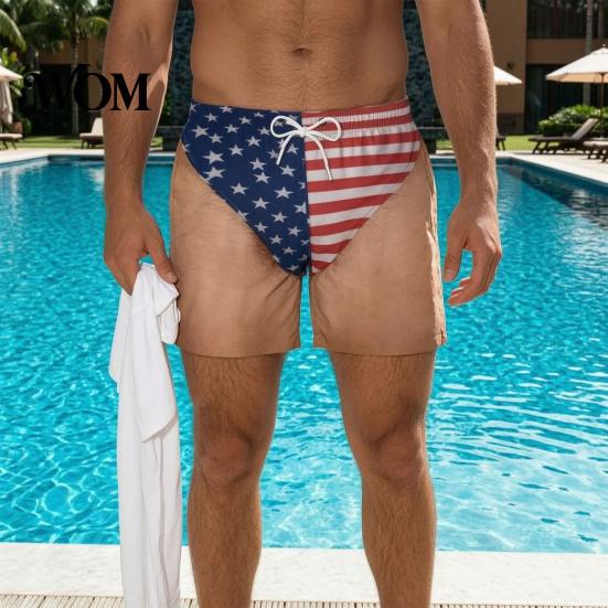 American Flag Pattern Shorts Funny Patriotic Men Shorts, Stars And Stripes Swim Trunks, Quick Mens Trunks Dry Drawstring Waist Board for Summer Beach
