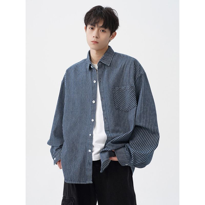 Wassup Trendy Washed Striped Denim Long-Sleeve Shirt for Men, Japanese Casual Retro Blue Shirt Jacket for Spring and Autumn