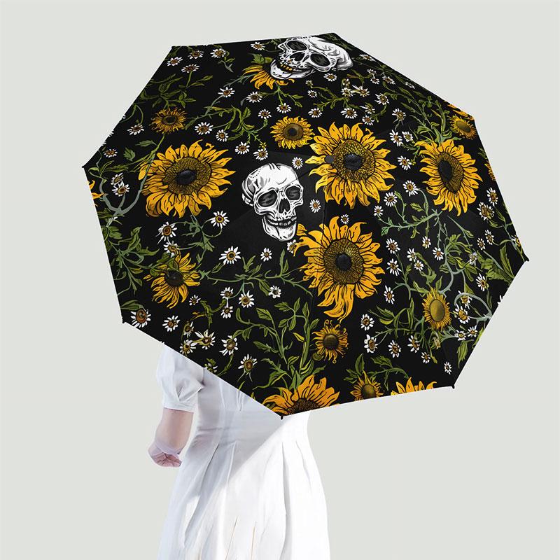 Sunflower Skull Folding umbrella Travel compact lightweight portable UV proof rain proof wind strong sunshade umbrella for women