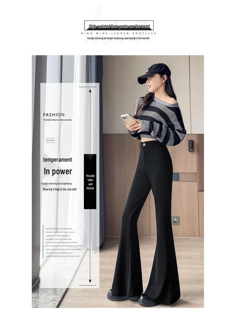 Petit Pantalon Élastique Noir Évasé Amincissant Taille Haute pour Femme Printemps