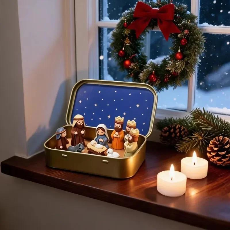 Small Xmas Nativity Manger Set Iron Box Pocket Holy Family Mary Jesus Shepherd Animal Figurines Christmas Easter Desk Decor Gift