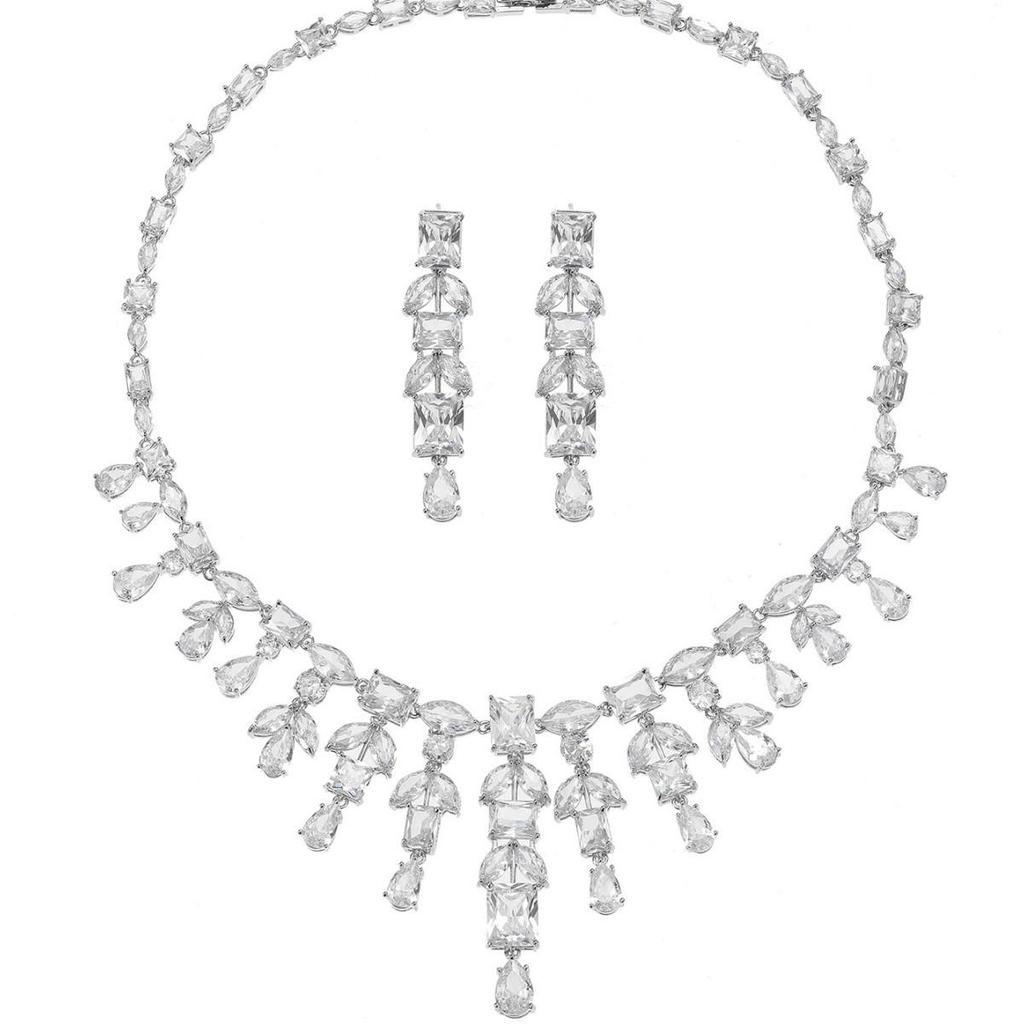European Bridal Jewelry Set: White Zirconia Necklace & Earrings with Full Diamond Tassel for Engagement & Banquet
