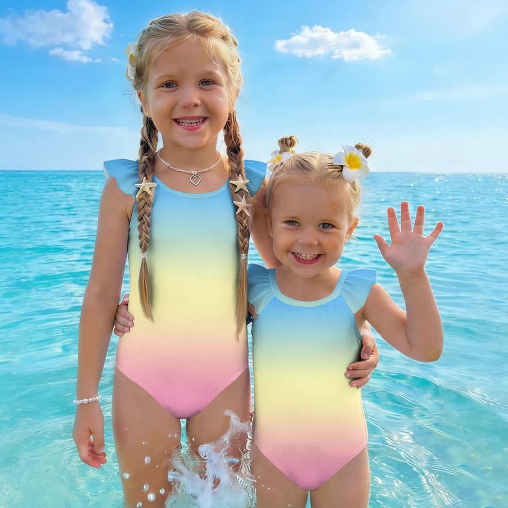 Girls One Piece Swimsuit Gradient Print Sleeveless Ruffle Shoulder Swimwear Summer Beachwear Kids Bathing Suit
