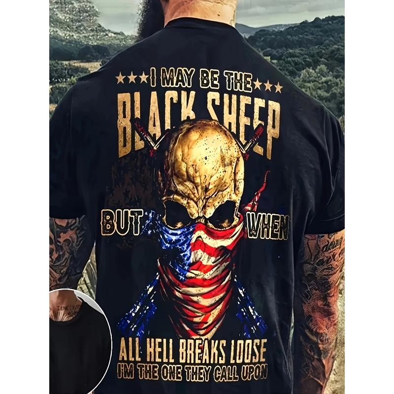 

European sizes - Back Print Streetwear Tee with Flag & Bone Design, Short Sleeve Round Neck Casual Shirt, Machine Washable for - Wear 4XL