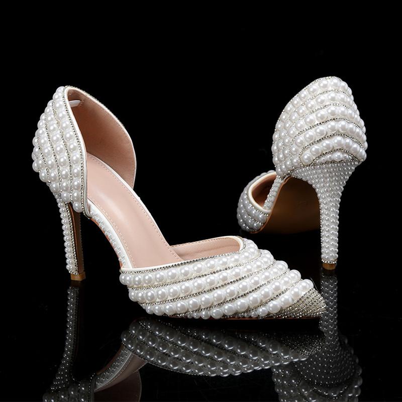 Fashion Luxury Handmade Full Pearls Rhinestones Wedding Women Pumps Elegant Pointed toe Bridal Thin High heels Fashion Party Prom Shoes