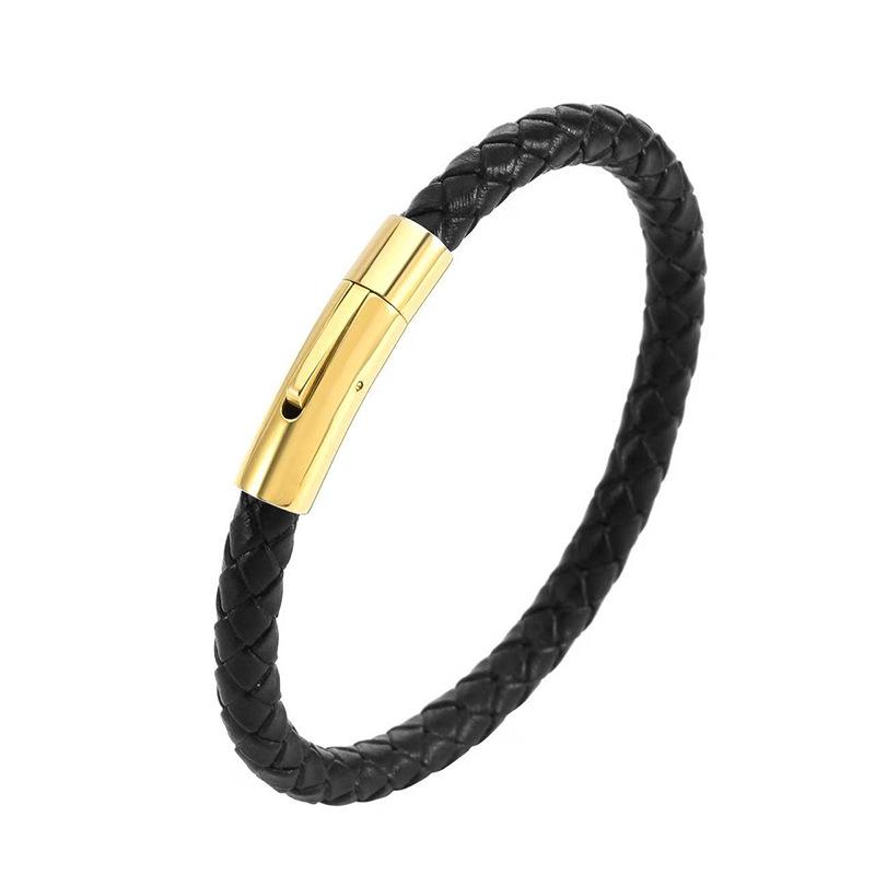 

Handmade Men s Black Leather Rope Stainless Steel Bracelet - Versatile Woven Jewelry