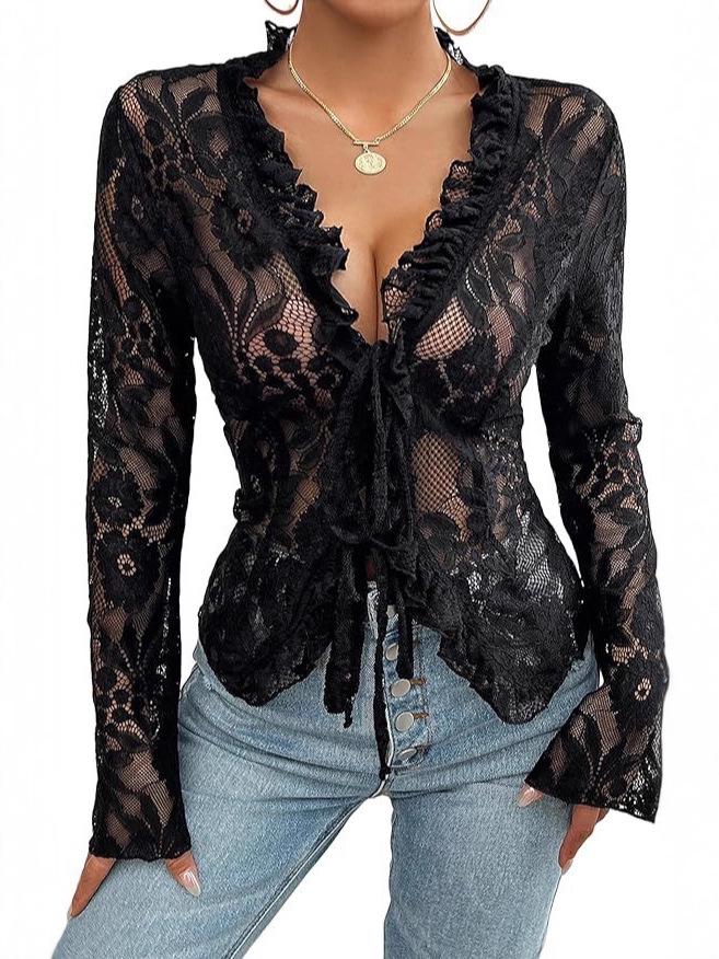2026 Spring/Summer Women's Elegant Lace V-Neck Long-Sleeve Shirt