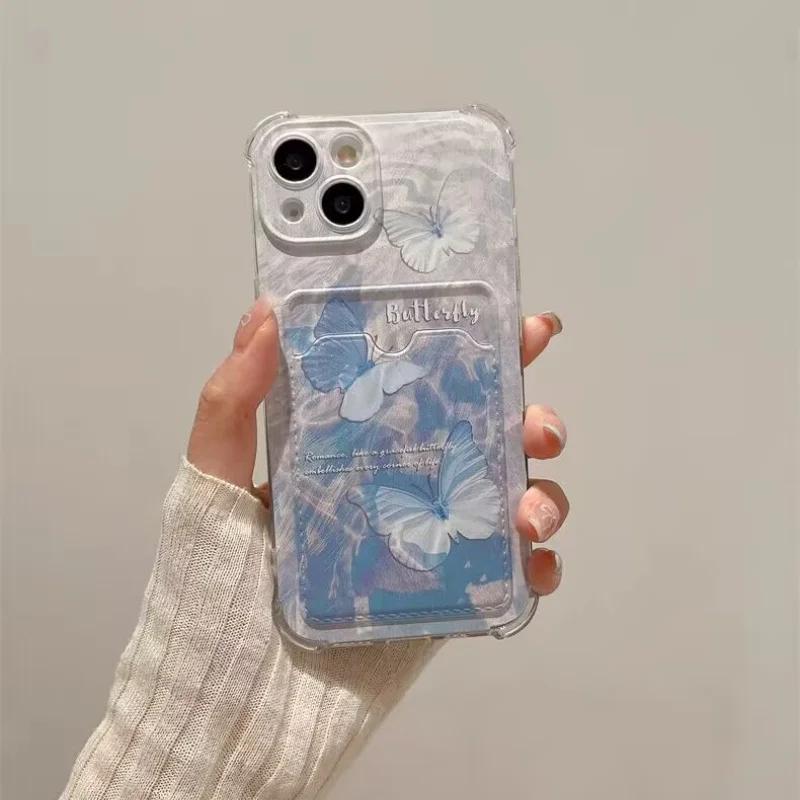 Butterfly Card Holder Pocket With Lanyard Case For Samsung Galaxy S25 Edge S23 S24 S25 Ultra S22 S21 Plus S20 FE Cover Cute Soft