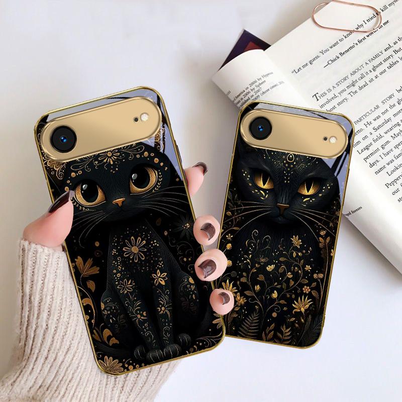 Fantastic Black Cat For IPhone 17Pro Max 16 17 Pro 15 Pro 14 13 Plus 12 Mini 11Pro Max XR 16E 17 Air Golden Glass Phone Case