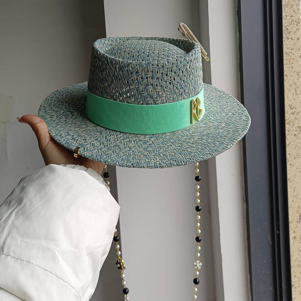 Pork Pie Sun Hat Chain Strap Straw Hat Summer Straw Hat Pearl New Elastic Ribbon Hatsombreros Para Mujer