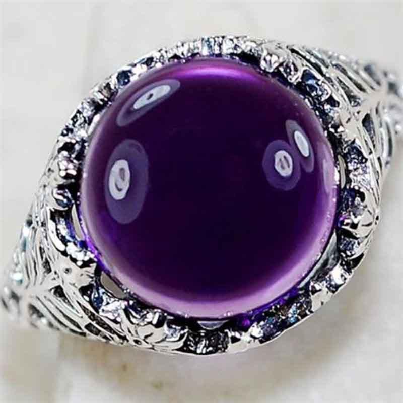 Elegant Purple Party Round Lady Jewelry Silver Plated Vintage Crystal Ring For Women