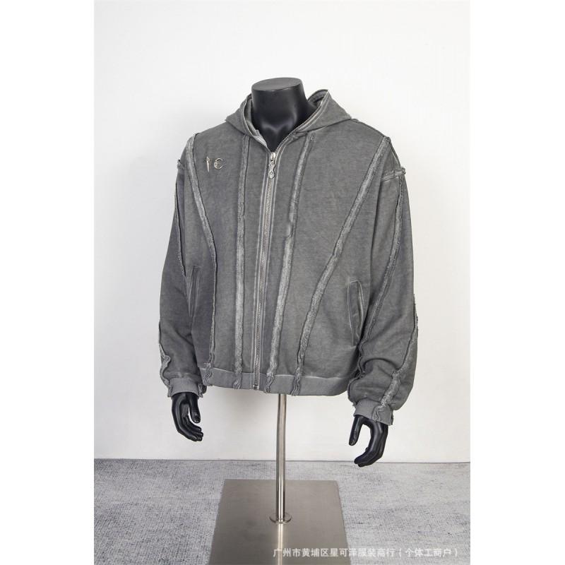 Distressed Oversized Hooded Zip-Up Sweatshirt Streetwear Loose Fit Cotton Pullover Men Fall
