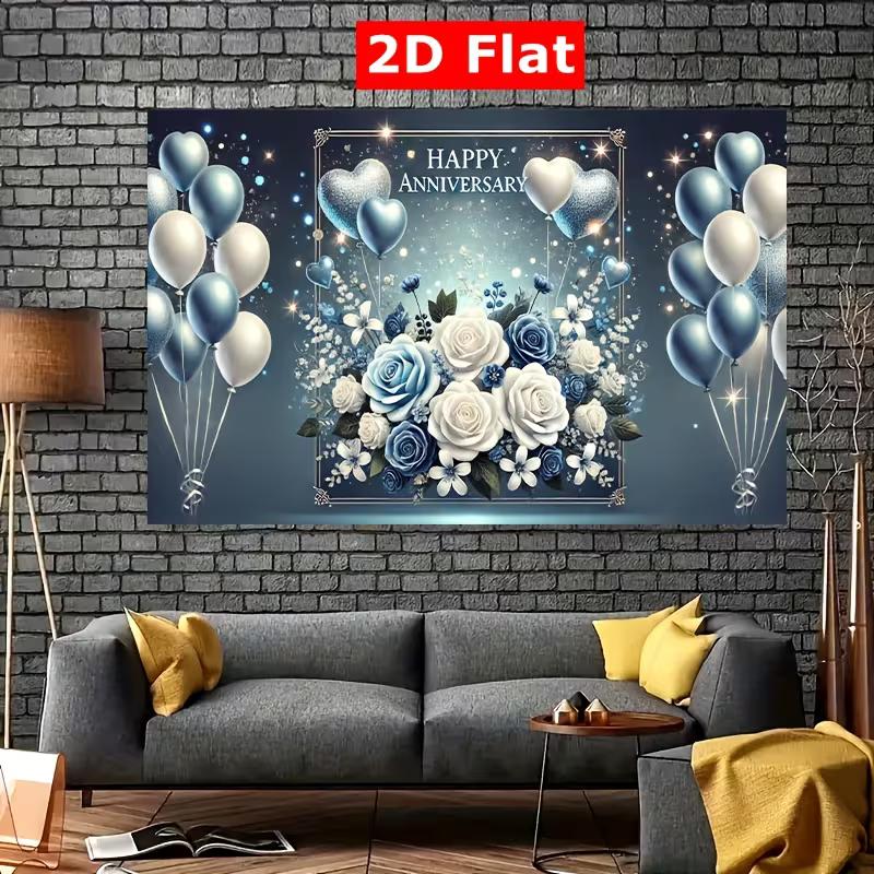 2D Anniversary Photo Backdrop Floral Balloon Party Decor Cloth