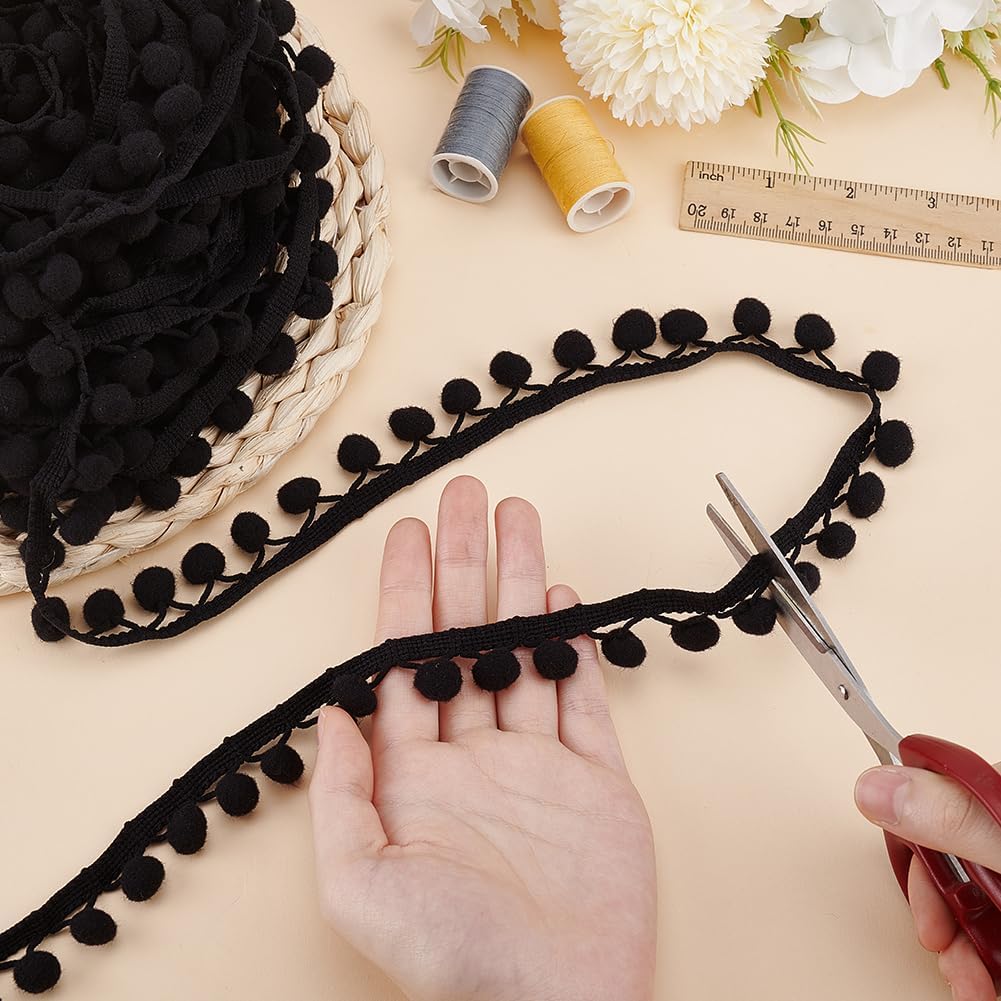 PH PandaHall 20 Yards Cotton Pom Poms Balls Fringe Trim, 13mm Round Pompoms Ball Triangle Connect Tassel Trim Black Ribbon Fringe Tassel Lace for DIY