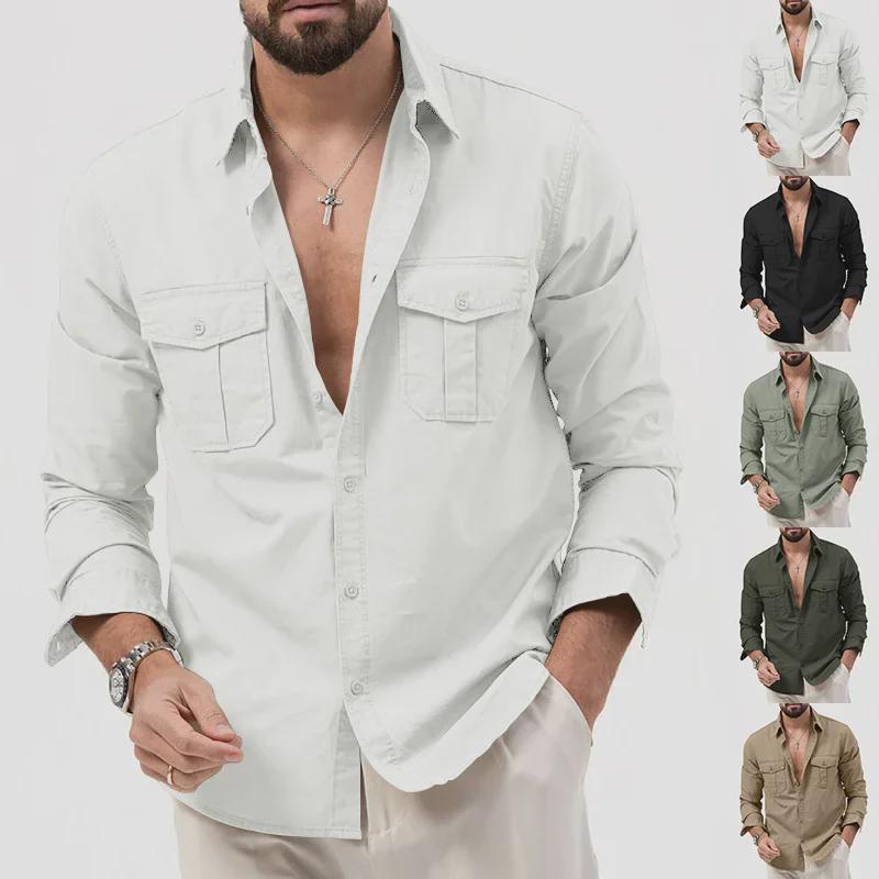 2024 New European & American Men's Multi-Pocket Casual Long-Sleeved Shirts