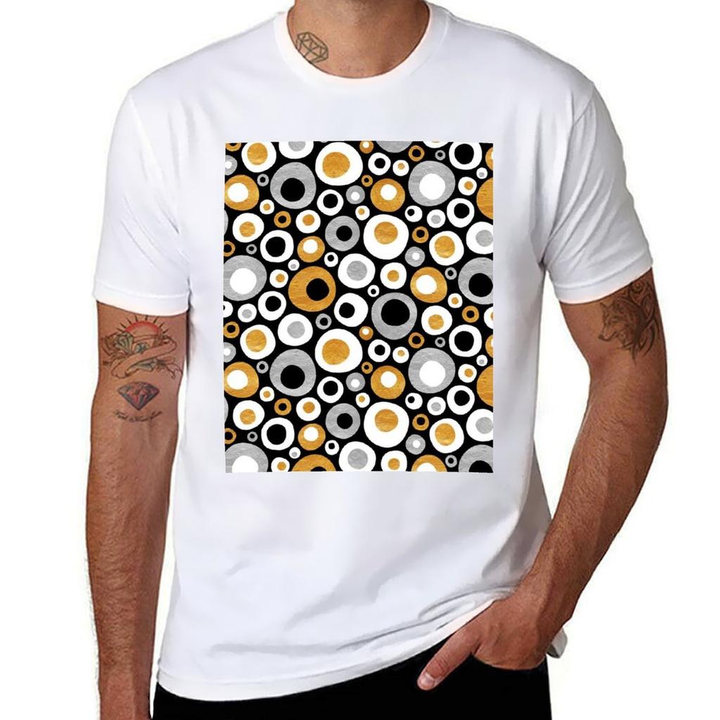 Funky Mid Century Modern Circles Gold Silver Black White TShirt Plus Size Basic Short Sleeve Top