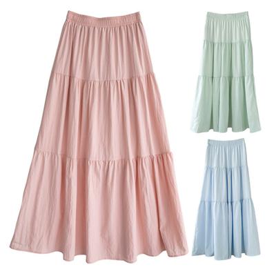 Kadın Maxi Etek Lastikli Yüksek Bel Fırfırlı Dikiş Büyük Etek Ucu Uzun Etek Düz Renk A-Kesim Yazlık Günlük Etek