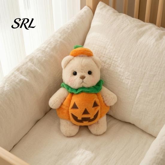 Halloween Theme Room Decor Pumpkin Bear Plush Toy, Soft Stuffed Animal for Kids, Cuddly Gift Birthday Cute Huggable Pillow Fall Holiday Home