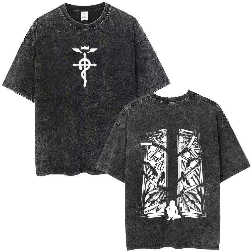 Camiseta Gráfica Lavada Vintage Anime Fullmetal Alchemist Edward Elric y Alphonse Elric para Hombre Mujer Manga Verano Retro Camisetas