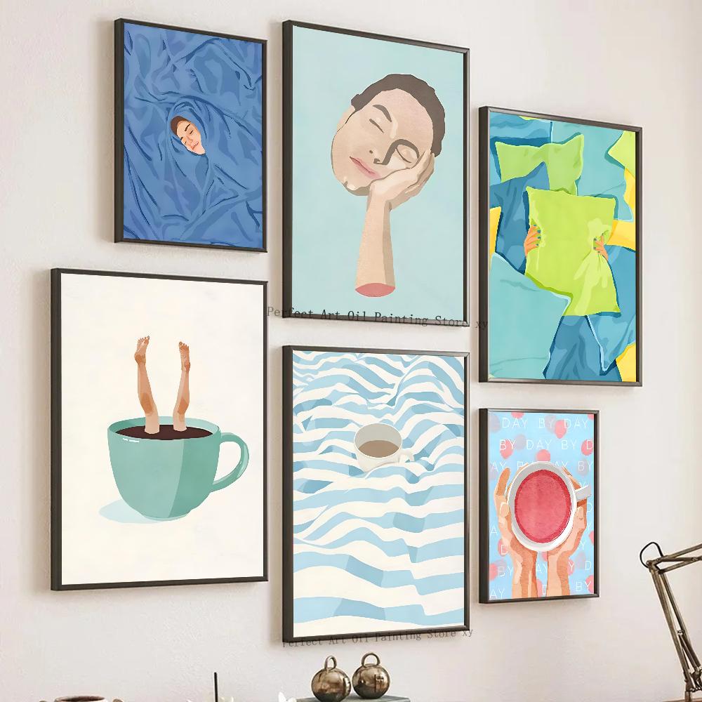 Abstract Figure Cup Thinking Coffee Girl Daily Life Nordic Poster HD Posters Home Room Bar Cafe Decor Art Wall Painting Picture