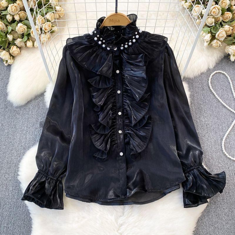 Lady Horn Long Sleeves Single-Breasted Glossy Casual Shirt