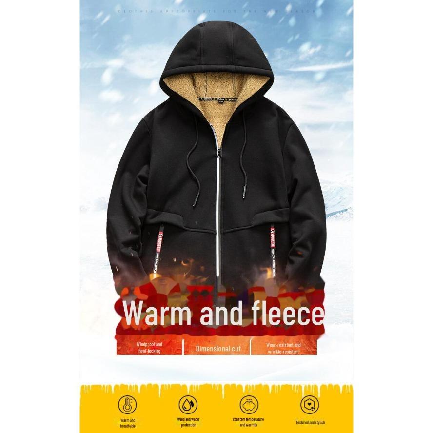 Lammskinnshuvtröja för män, höst/vinter 2023, trendig enfärgad, plus sammet, förtjockad jacka