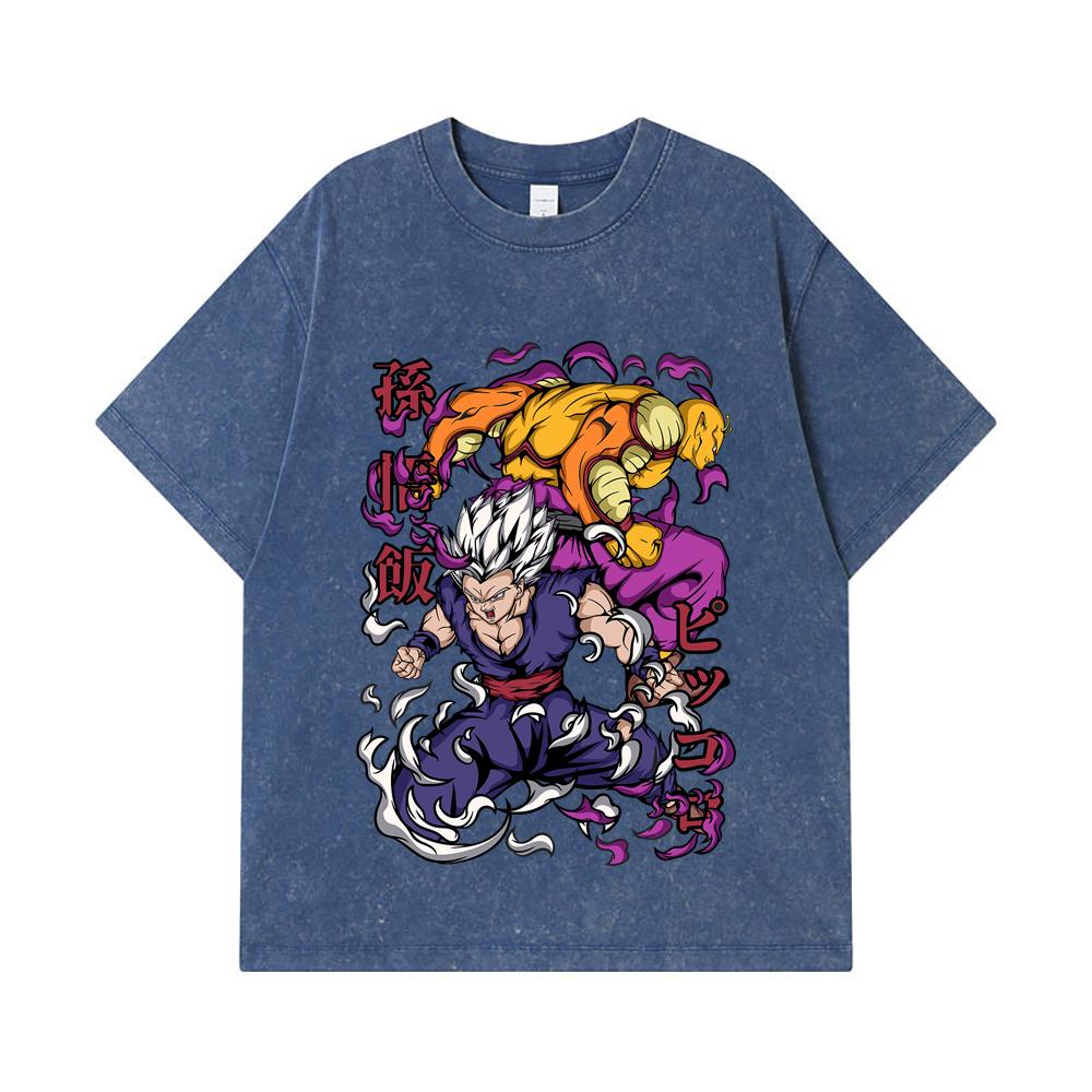 275 GSM Washed T-shirts 100 Cotton Dragon Ball V57 Gohan Piccolo Print Unisex Heavy Cotton T Shirt 2XL королевский синий 2200₽