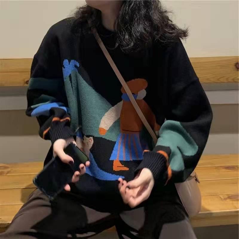 Dame Vintergenser Genser Strikkegensere Løsstripete Pullgensere Uformell topp Argyle Genser
