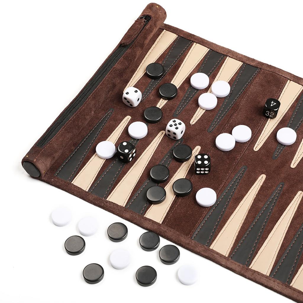 Reise-Backgammon, Rollbares Backgammon für unterwegs und auf der Rückseite Gammon, Hochwertiges Backgammon-Etui, Spiel Reise, Spiel Reise-Backgammon, Leder