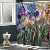 Stained Glass Iris Flowers Shower Curtain - Polyester, Purple Pink Blue Blooms, Golden Accents & Gem Beads,  Fashion Bath Decor