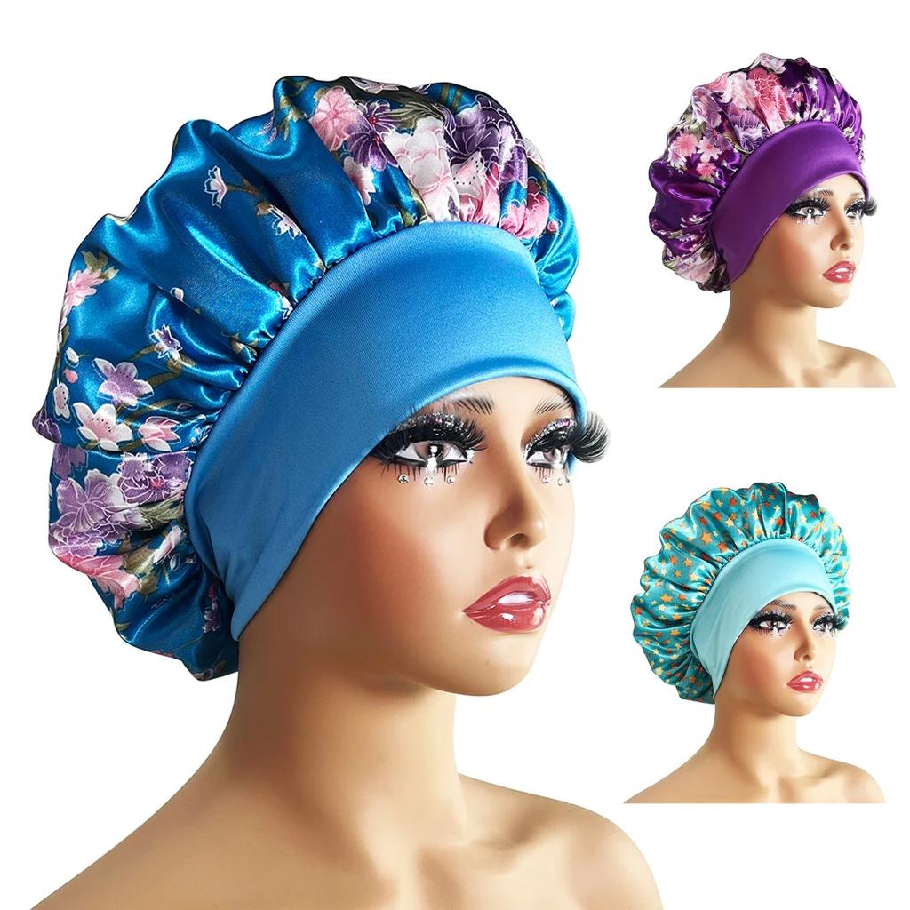 1 Stück Damen Satin Bonnet Elastisches breites Band Nachtschlafmütze Haarausfall-Abdeckung Kopfwickel Lockiges Federndes Haar Schönheit Chemo Cap Pflege