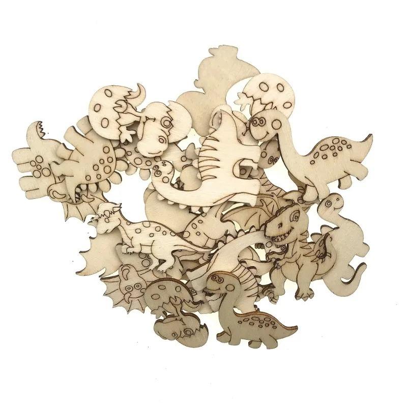 

25pcs Assorted Unfinished Wooden Dinosaur Cutouts Craft Supplies Wood Pieces Blank Slices for DIY Craft Painting Birthday Party 40mm