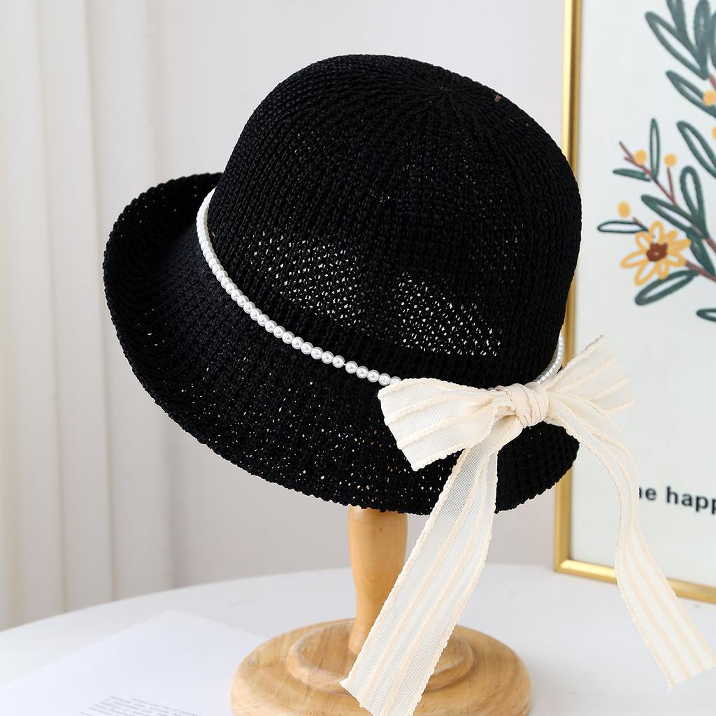 Hat Lace Ribbon Bow Knitted Hat Women's Summer Seaside Vacation Breathable Sun Hat Sunscreen Knitted Hat