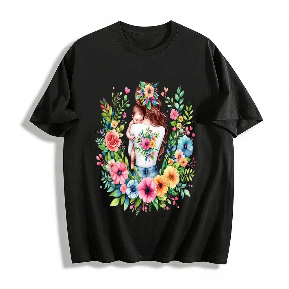 Mothers Love Floral Print Casual Top With Baby Hug Design Pure cotton T-shirt XXS