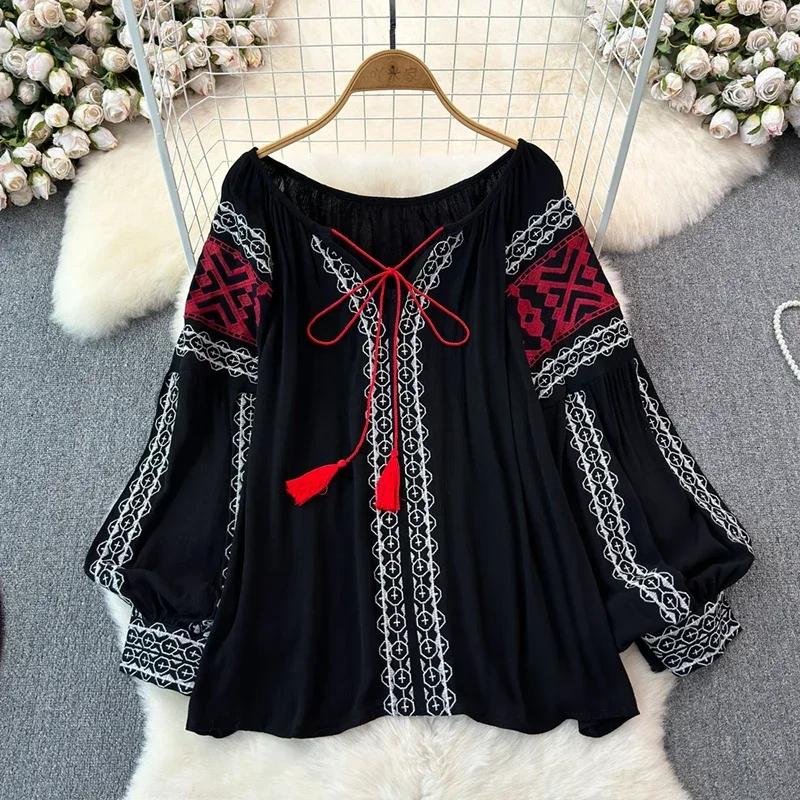 Retro Embroidered Shirt Top Female 2025 Spring Lace Up Tassel Loose Lantern Sleeves Ethnic Style Blouse Female